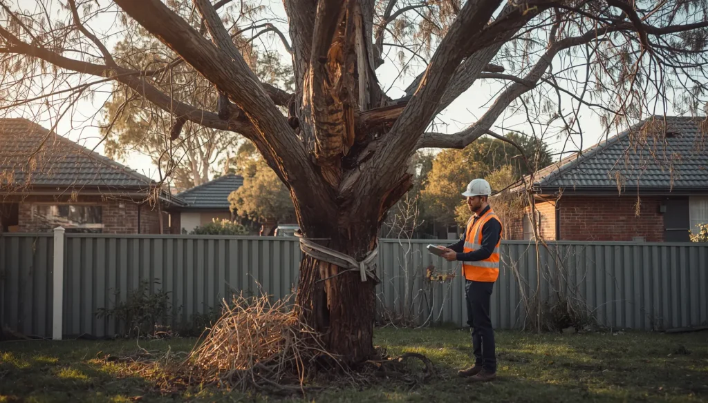 arborist canberra inspecting tree in residential backyard
